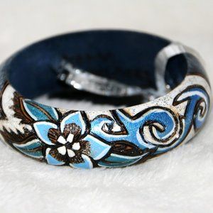 Wood burned & Hand-Painted Blue Flower Bracelet